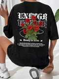 Women'WB shield Floral & Letter Print Drop Shoulder Tee, Fashion Casual Crew Neck T-Shirt for Daily Holiday Vacation...
