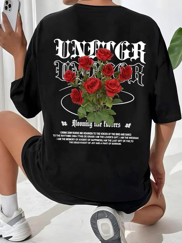 Women'WB shield Floral & Letter Print Drop Shoulder Tee, Fashion Casual Crew Neck T-Shirt for Daily Holiday Vacation...