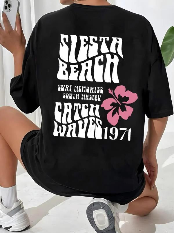 Women'WB shield Floral & Letter Print Drop Shoulder Tee, Summer TNF Women, Casual Half Sleeve Round Neck T-Shirt for...
