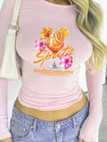 Women'WB shield Floral & Letter Print Mock Neck Tee, Y2k Trendy Casual Cocktail Graphic Long Sleeve Skinny T-shirt for...