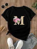 Women'WB shield Floral & Letter Print Round Neck Graphic Tee, Fashion Casual Short Sleeve T-shirt for Daily Wear, Ladies...