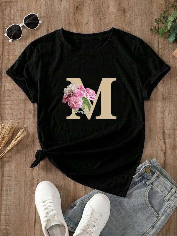 Women'WB shield Floral & Letter Print Round Neck Graphic Tee, Fashion Casual Short Sleeve T-shirt for Daily Wear, Ladies...