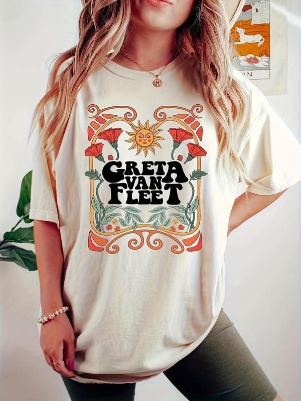 Women'WB shield Floral & Letter Print Round Neck Graphic Tee, Vintage Trendy Casual Drop Shoulder Half Sleeve T-shirt for...