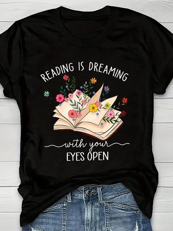 Women'WB shield Floral & Letter Print Round Neck Graphic Tee, Vintage Trendy Casual Short Sleeve T-shirt for Daily Wear,...