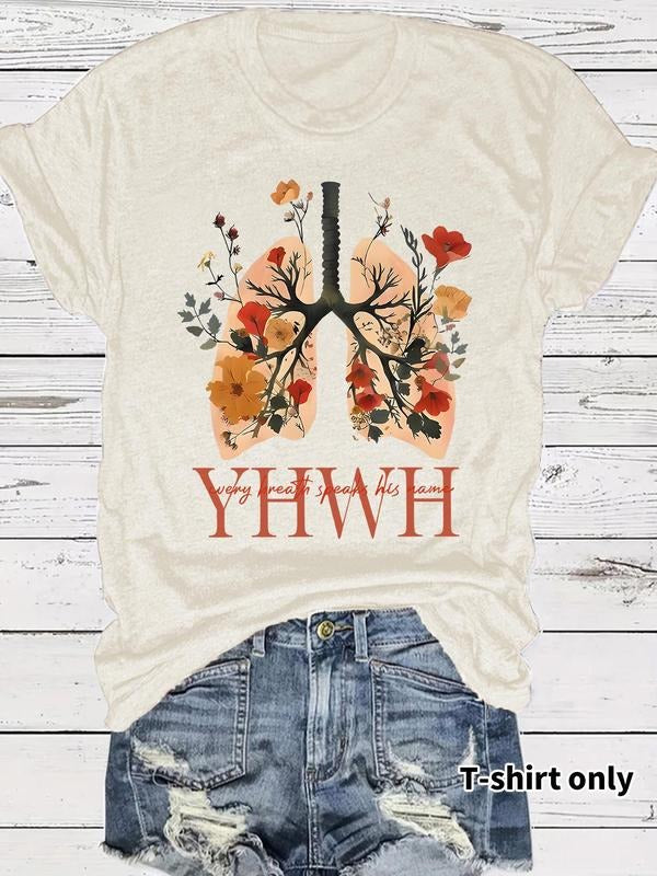 Women'WB shield Floral & Letter Print Round Neck Graphic Tee, Vintage Trendy Casual Short Sleeve T-shirt for Daily Wear,...