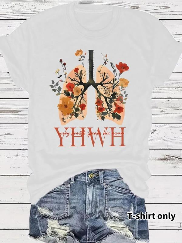 Women'WB shield Floral & Letter Print Round Neck Graphic Tee, Vintage Trendy Casual Short Sleeve T-shirt for Daily Wear,...