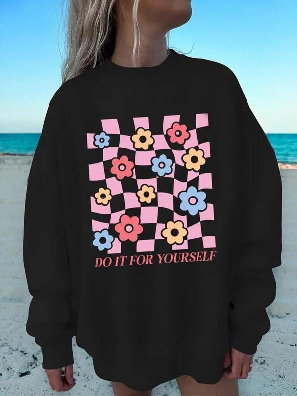 Women'WB shield Floral & Letter Print Round Neck Sweatshirt, Casual Long Sleeve Crew Neck Pullover for Daily Wear, Ladies...