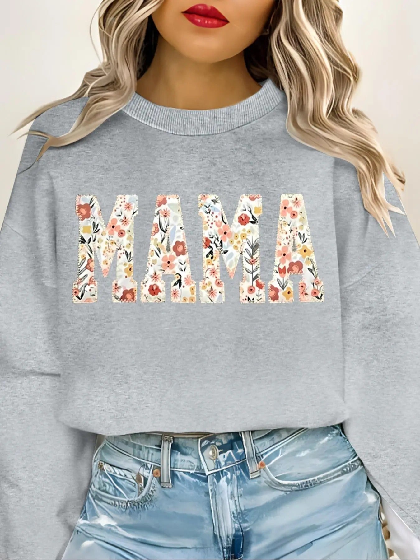Women'WB shield Floral & Letter Print Round Neck Sweatshirt, Fashion Casual Crew Neck Long Sleeve Pullover for Daily...