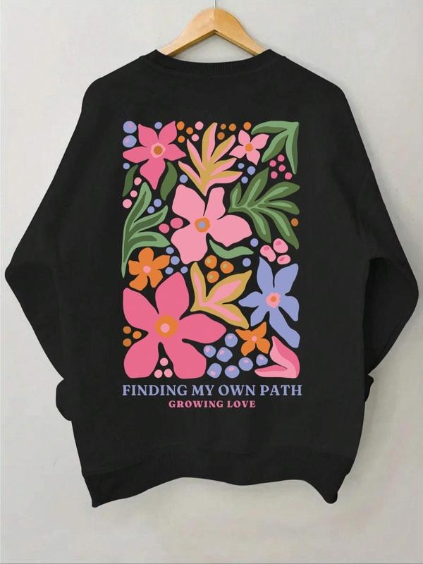 Women'WB shield Floral & Letter Print Round Neck TNF Lined Sweatshirt, Casual Long Sleeve Crew Neck Pullover for Fall &...