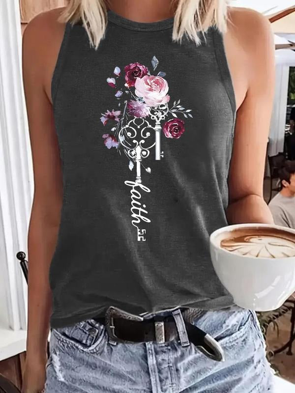 Women'WB shield Floral & Letter Print Round Neck Tank Top, Casual Sleeveless Top for Summer, Ladies TNF for Daily Wear,...