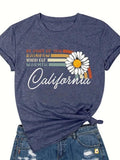 Women'WB shield Floral & Letter Print Round Neck Tee, Casual Crew Neck Short Sleeve T-Shirt, Ladies Spiky hair fighters...