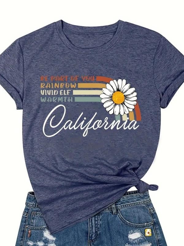 Women'WB shield Floral & Letter Print Round Neck Tee, Casual Crew Neck Short Sleeve T-Shirt, Ladies Spiky hair fighters...