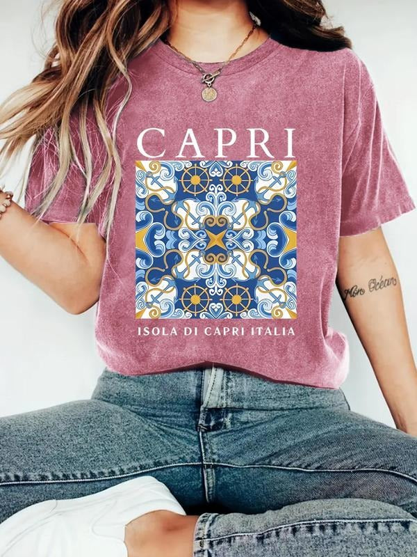 Women'WB shield Floral & Letter Print Round Neck Tee, Casual Fashion T-shirt for Summer, Ladies TNF for Daily Wear...