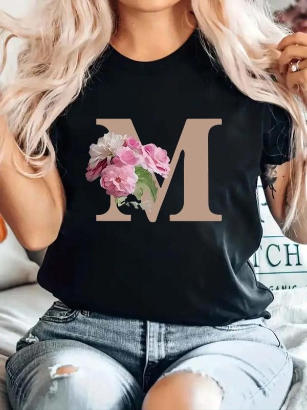 Women'WB shield Floral & Letter Print Round Neck Tee, Casual Graphic Short Sleeve T-shirt For Daily Wear, Ladies Summer...