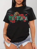 Women'WB shield Floral & Letter Print Round Neck Tee, Casual Short Sleeve Crew Neck T-shirt for Daily Wear, Ladies TNF...