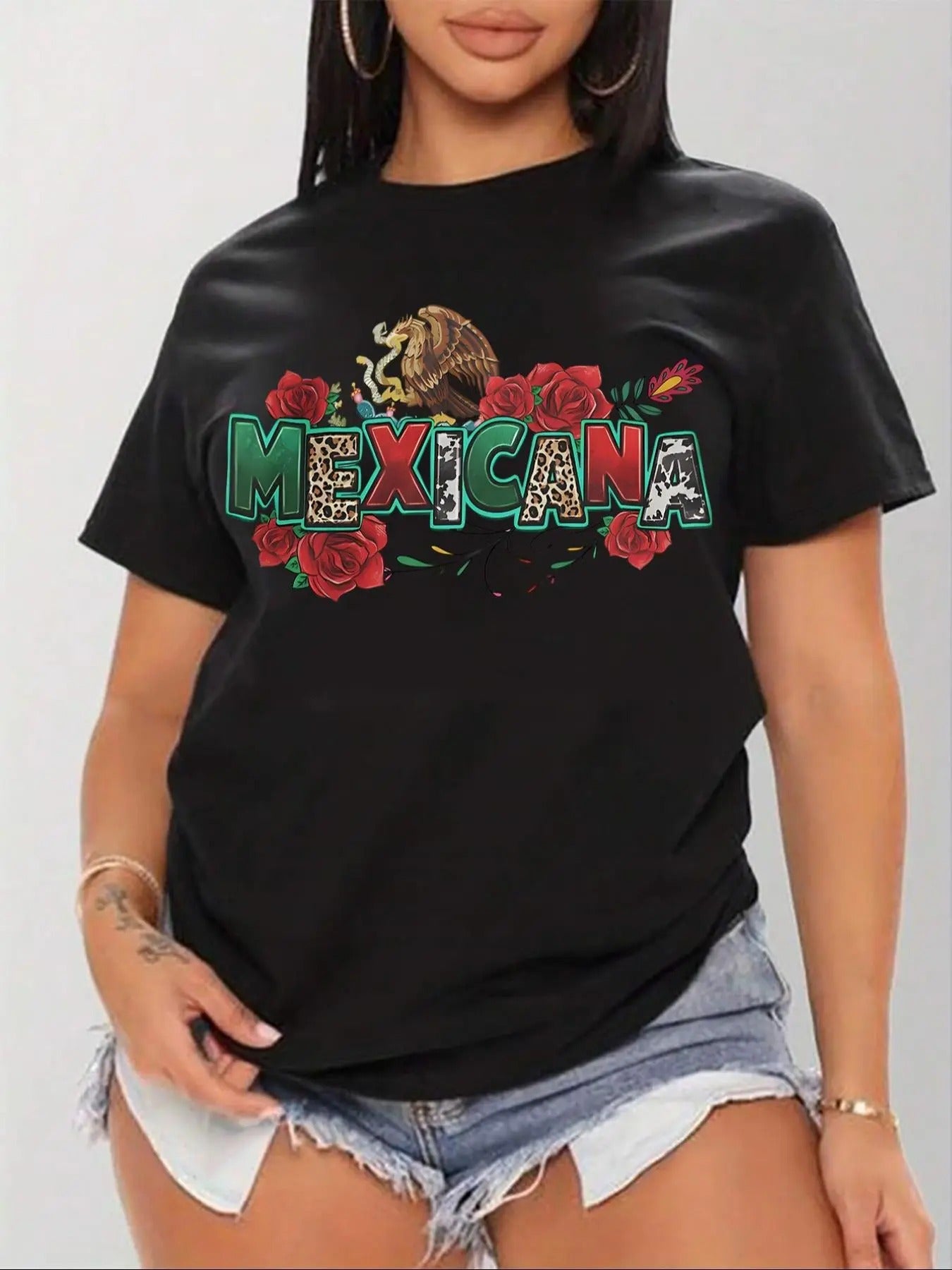 Women'WB shield Floral & Letter Print Round Neck Tee, Casual Short Sleeve Crew Neck T-shirt for Daily Wear, Ladies TNF...