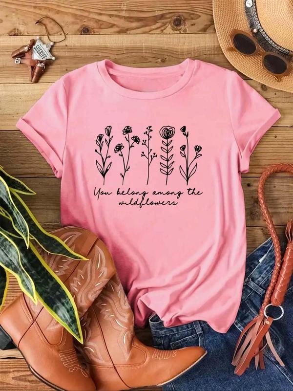 Women'WB shield Floral & Letter Print Round Neck Tee, Casual Short Sleeve Graphic T-shirt, Ladies Spiky hair fighters...