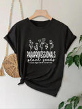 Women'WB shield Floral & Letter Print Round Neck Tee, Casual Short Sleeve T-shirt, Ladies Spiky hair fighters Seasons...