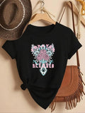 Women'WB shield Floral & Letter Print Round Neck Tee, Fashion Casual Crew Neck Short Sleeve T-shirt for Daily Holiday...
