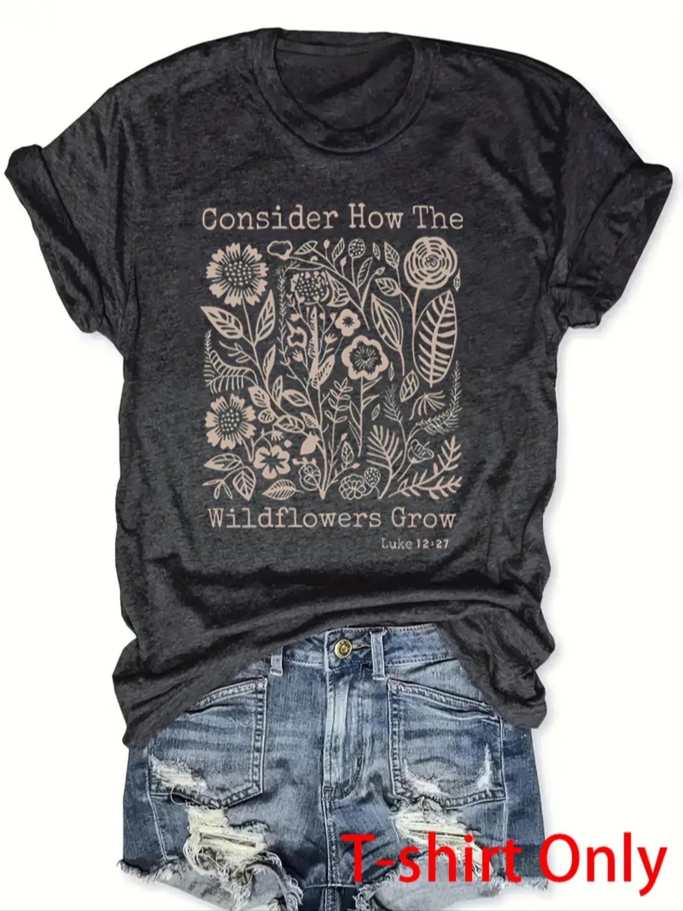 Women'WB shield Floral & Letter Print Round Neck Tee, Fashion Casual Crew Neck T-shirt for Daily Holiday Vacation Outdoor...