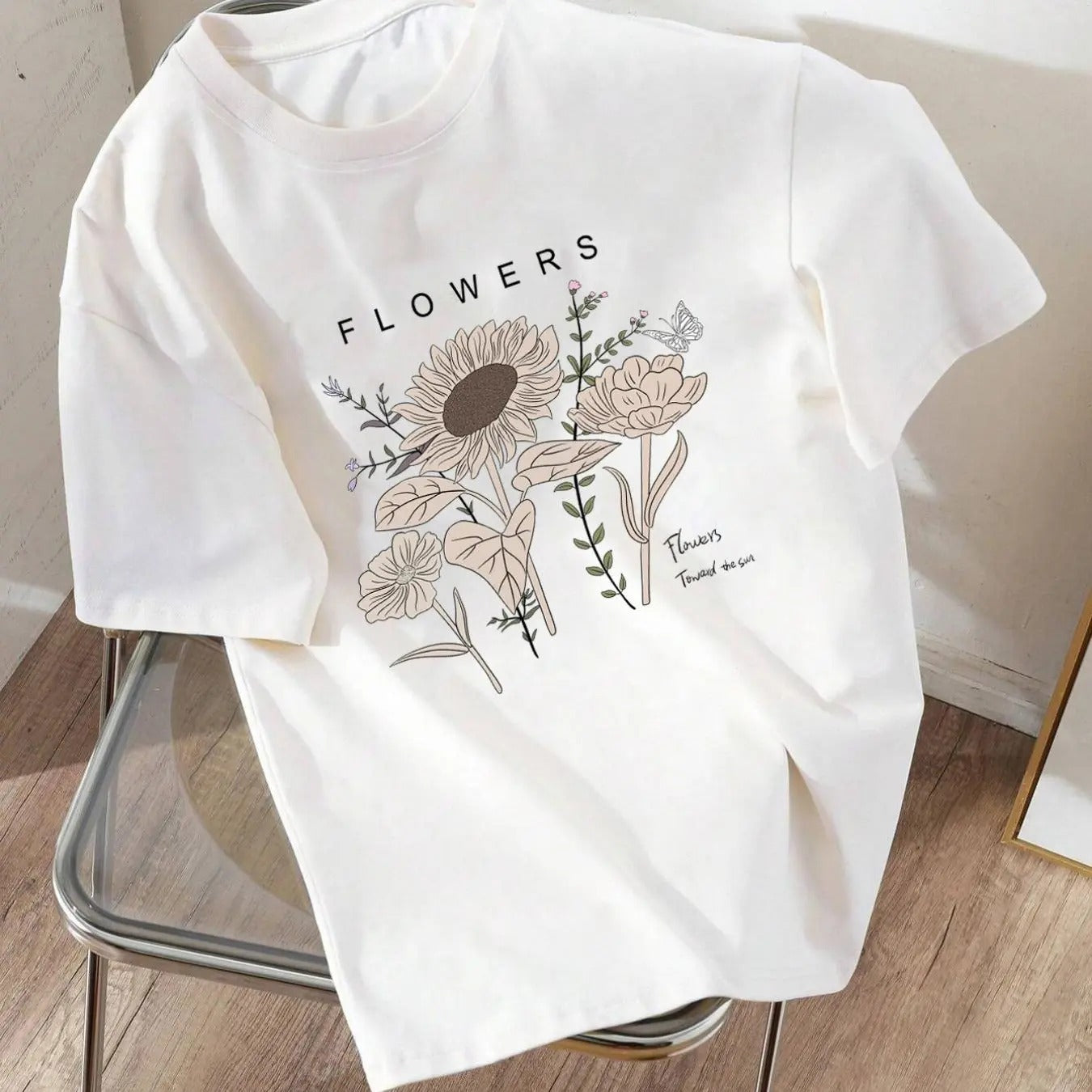 Women'WB shield Floral & Letter Print Round Neck Tee, Fashion Casual Drop Shoulder Short Sleeve T-shirt, Ladies Summer...