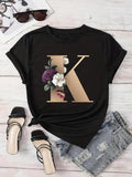 Women'WB shield Floral & Letter Print Round Neck Tee, Trendy Casual Crew Neck Short Sleeve T-shirt for Daily Wear, Ladies...