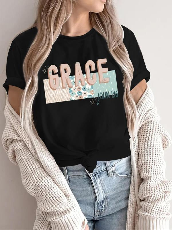 Women'WB shield Floral & Letter Print Round Neck Tee, Trendy Casual Crew Neck Short Sleeve T-shirt for Daily Wear, Ladies...