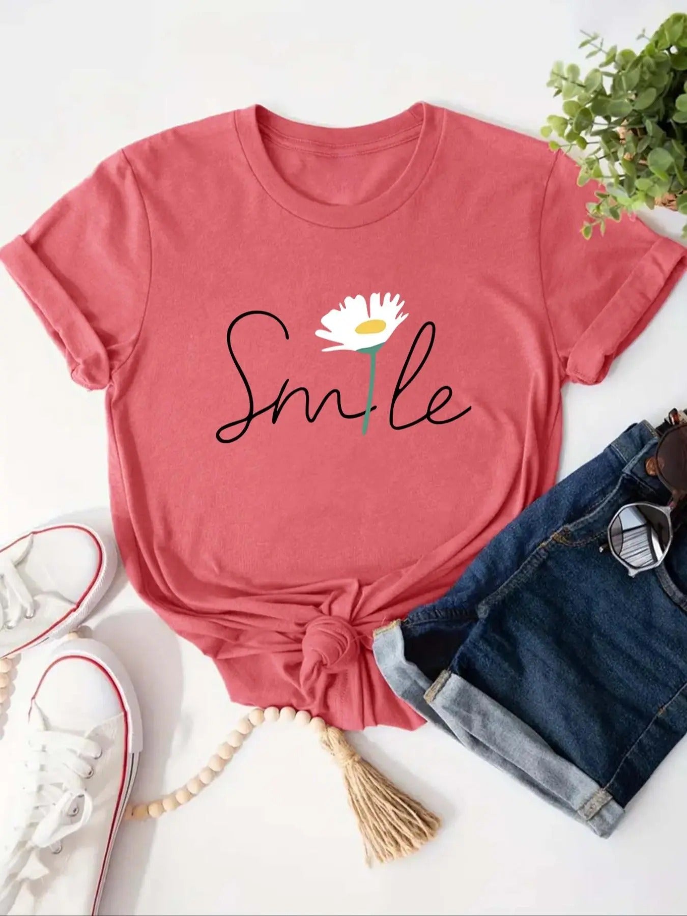 Women'WB shield Floral & Letter Print Round Neck Tee, Trendy Casual Short Sleeve Crew Neck T-shirt for Daily Wear, Ladies...