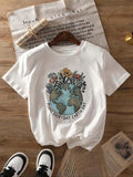 Women'WB shield Floral & Letter Print Round Neck Tee, Trendy Casual Short Sleeve T-Shirt for Daily Wear, Ladies Summer...