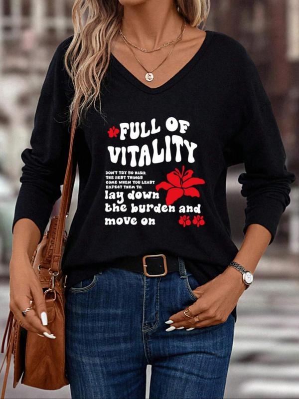 Women'WB shield Floral & Letter Print Superhero team Neck Tee, Casual Long Sleeve Graphic T-shirt, Ladies Fall TNF for...