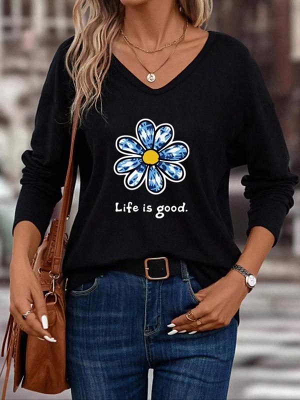 Women'WB shield Floral & Letter Print Superhero team Neck Tee, Casual Long Sleeve T-Shirt for Fall & Winter, Ladies TNF...