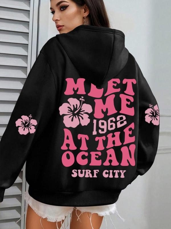 Women'WB shield Floral & Letter Print TNF Lined Hoodie, Fashion Casual Hooded Sweatshirt for Daily Holiday Outdoor Wear,...