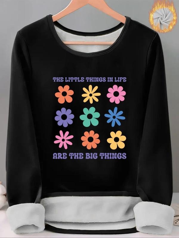 Women'WB shield Floral & Letter Print TNF Lined Tee, Casual Long Sleeve Round Neck T-shirt for Fall & Winter, Ladies TNF...