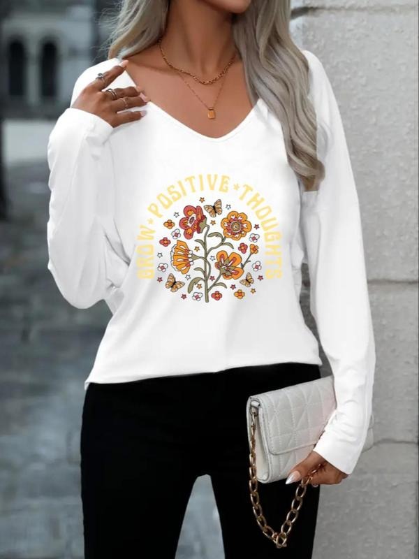 Women'WB shield Floral & Letter Print Vintage Graphic Tee, Trendy Casual Drop Shoulder Long Sleeve T-shirt For Daily...