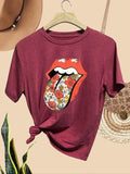 Women'WB shield Floral & Lip Print Round Neck Tee, Casual Short Sleeve Crew Neck T-shirt for Daily Wear, Ladies TNF for...