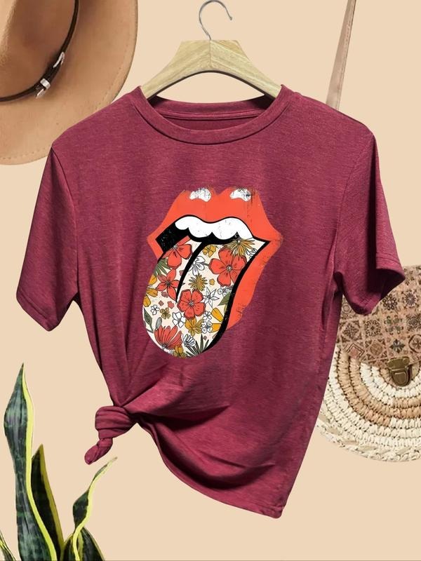 Women'WB shield Floral & Lip Print Round Neck Tee, Casual Short Sleeve Crew Neck T-shirt for Daily Wear, Ladies TNF for...