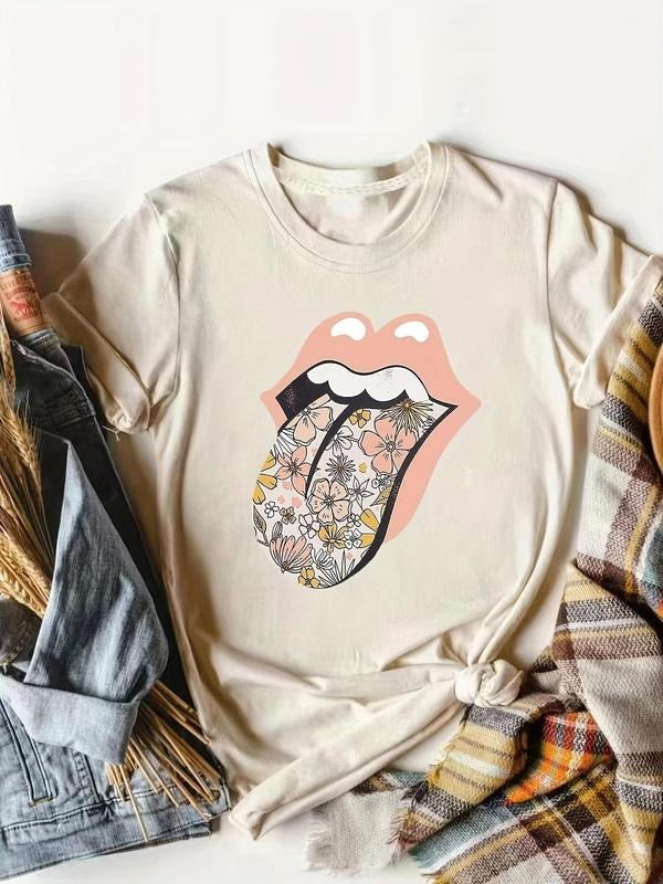 Women'WB shield Floral & Lips Print Round Neck Tee, Vintage Trendy Casual Short Sleeve T-Shirt for Daily Holiday Vacation...