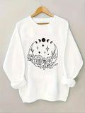 Women'WB shield Floral & Moon Print Round Neck Sweatshirt, Casual Long Sleeve Drop Shoulder Pullover for Fall & Winter,...