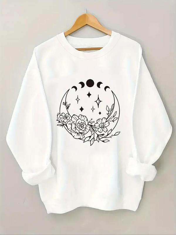 Women'WB shield Floral & Moon Print Round Neck Sweatshirt, Casual Long Sleeve Drop Shoulder Pullover for Fall & Winter,...
