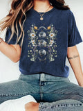 Women'WB shield Floral & Moon Print Round Neck Tee, Trendy Casual Short Sleeve T-shirt for Daily Wear, Ladies Spring...