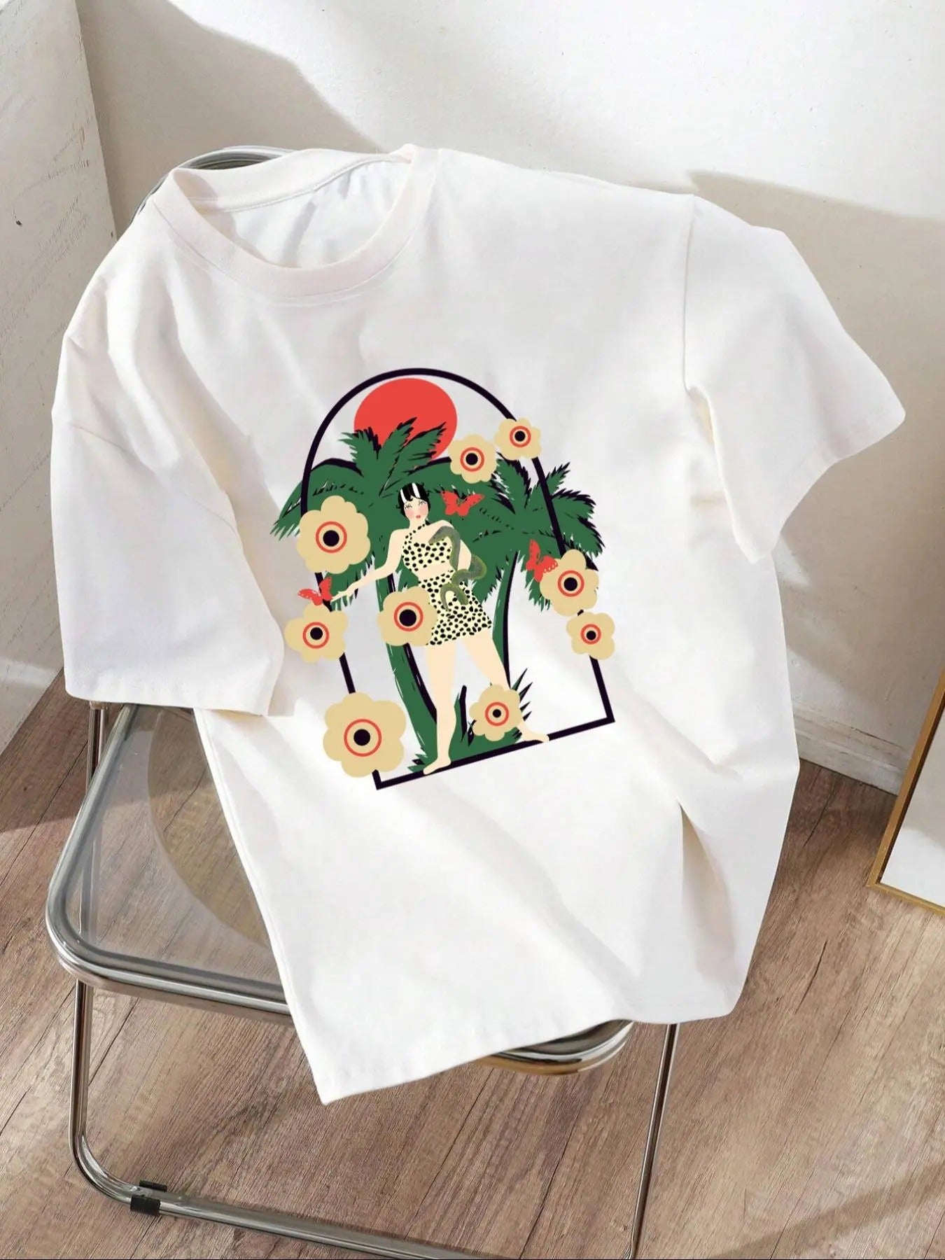 Women'WB shield Floral & Palm Tree Print Drop Shoulder Tee, Casual Short Sleeve Round Neck T-shirt for Daily Wear, Ladies...
