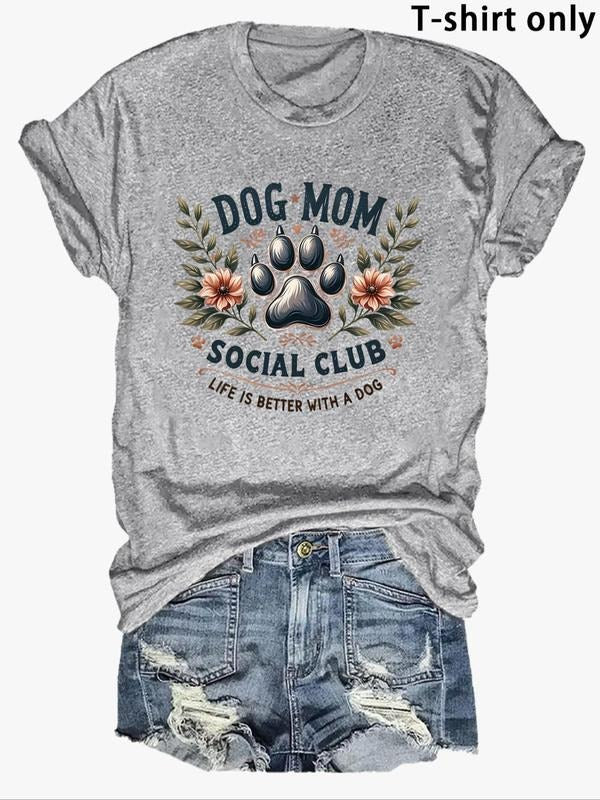 Women'WB shield Floral & Paw Print Round Neck Tee, Fashion Casual Crew Neck T-Shirt for Daily Holiday Vacation Outdoor...