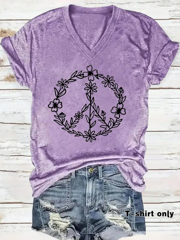 Women'WB shield Floral & Peace Symbol Print Superhero team Neck Tee, Fashion Casual Short Sleeve T-shirt for Daily Wear,...