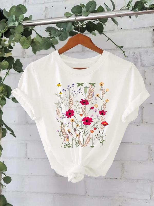 Women'WB shield Floral & Plants Print Round Neck Tee, Casual Short Sleeve Crew Neck T-Shirt for Summer, Fashion Women'WB...