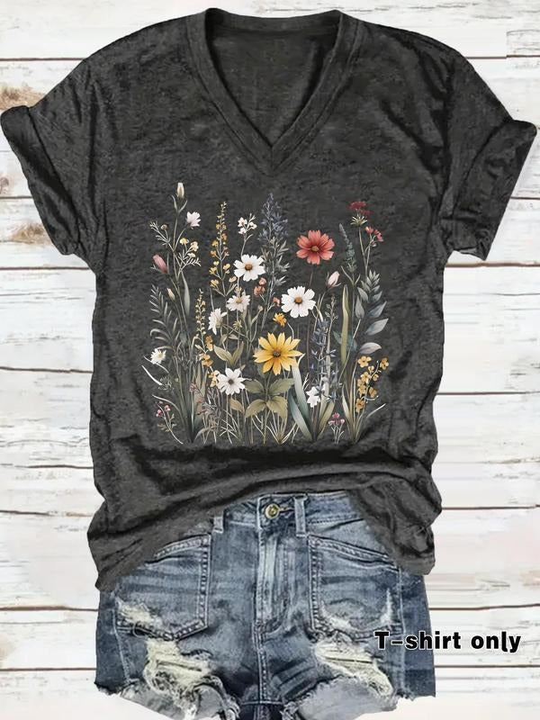 Women'WB shield Floral & Plants Print Superhero team Neck Tee, Casual Boho Short Sleeve T-Shirt for Summer, Ladies TNF...
