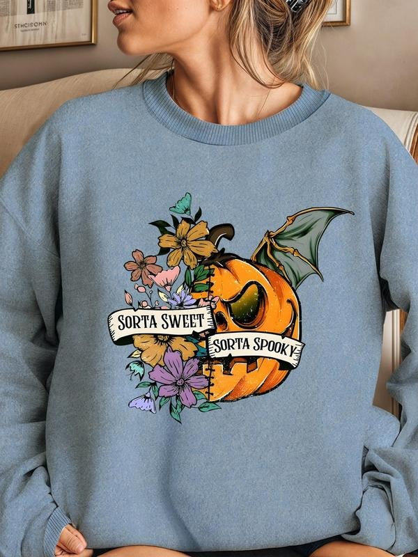 Women'WB shield Floral & Pumpkin Print Drop Shoulder Sweatshirt, Casual Long Sleeve Round Neck Pullover for Fall &...