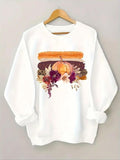Women'WB shield Floral & Pumpkin Print Drop Shoulder Sweatshirt, Casual Long Sleeve Round Neck Pullover for Fall &...