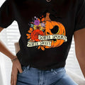 Women'WB shield Floral & Pumpkin Print Round Neck Tee, Fashion Casual Crew Neck T-Shirt for Daily Holiday Vacation...
