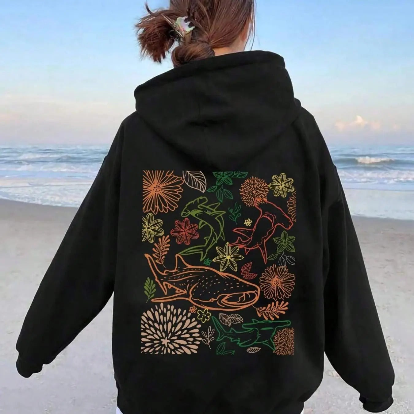 Women'WB shield Floral & Shark Print Drop Shoulder Long Sleeve Hoodie, Fashion Casual Drawstring Pocket Hooded Sweatshirt...