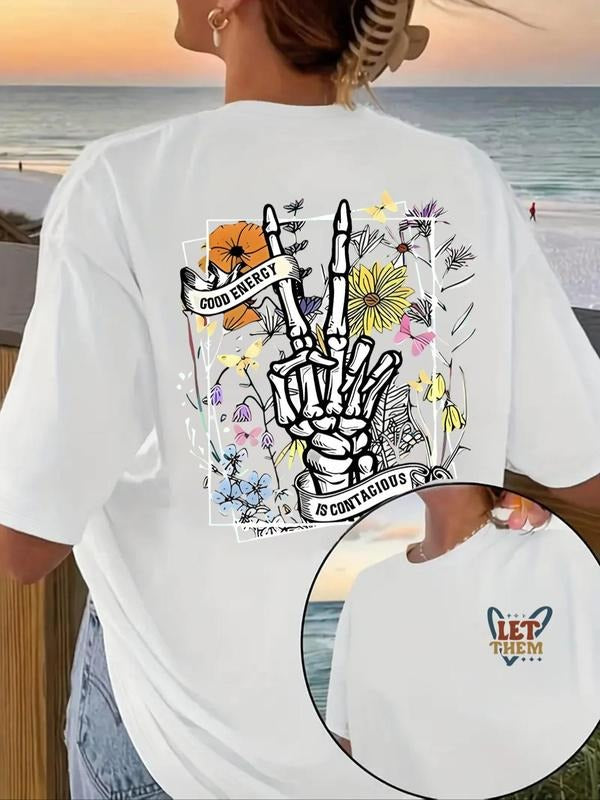Women'WB shield Floral & Skeleton Hand Print Drop Shoulder Tee, Casual Half Sleeve Round Neck T-shirt for Daily Wear,...